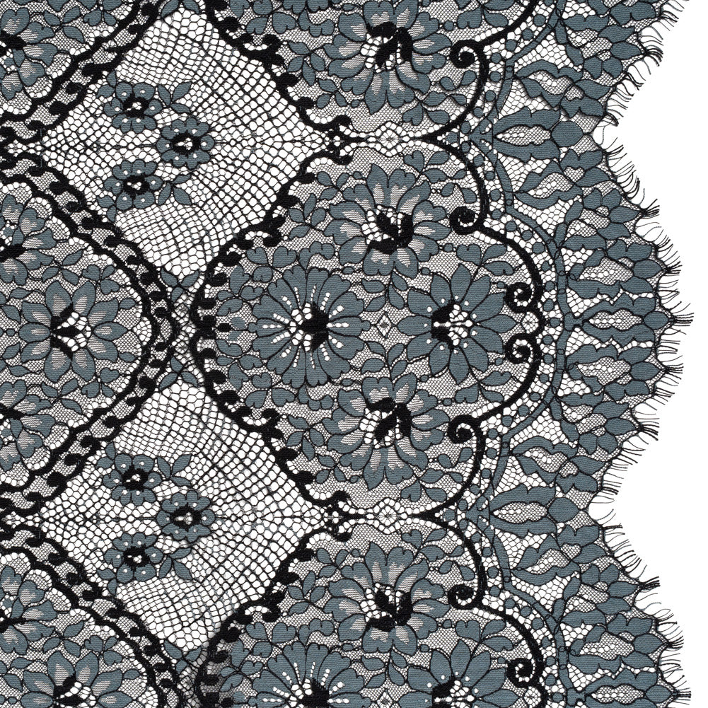 Raschel Lace with Finished Scalloped Edges - Black and Charcoal Sunflowers and Daisies