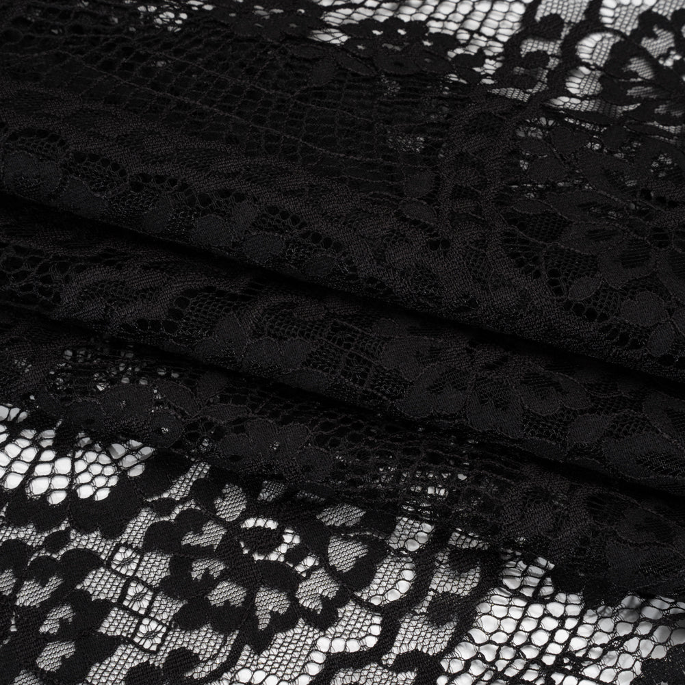 Raschel Lace with Finished Scalloped Edges - Black Sunflowers and Daisies