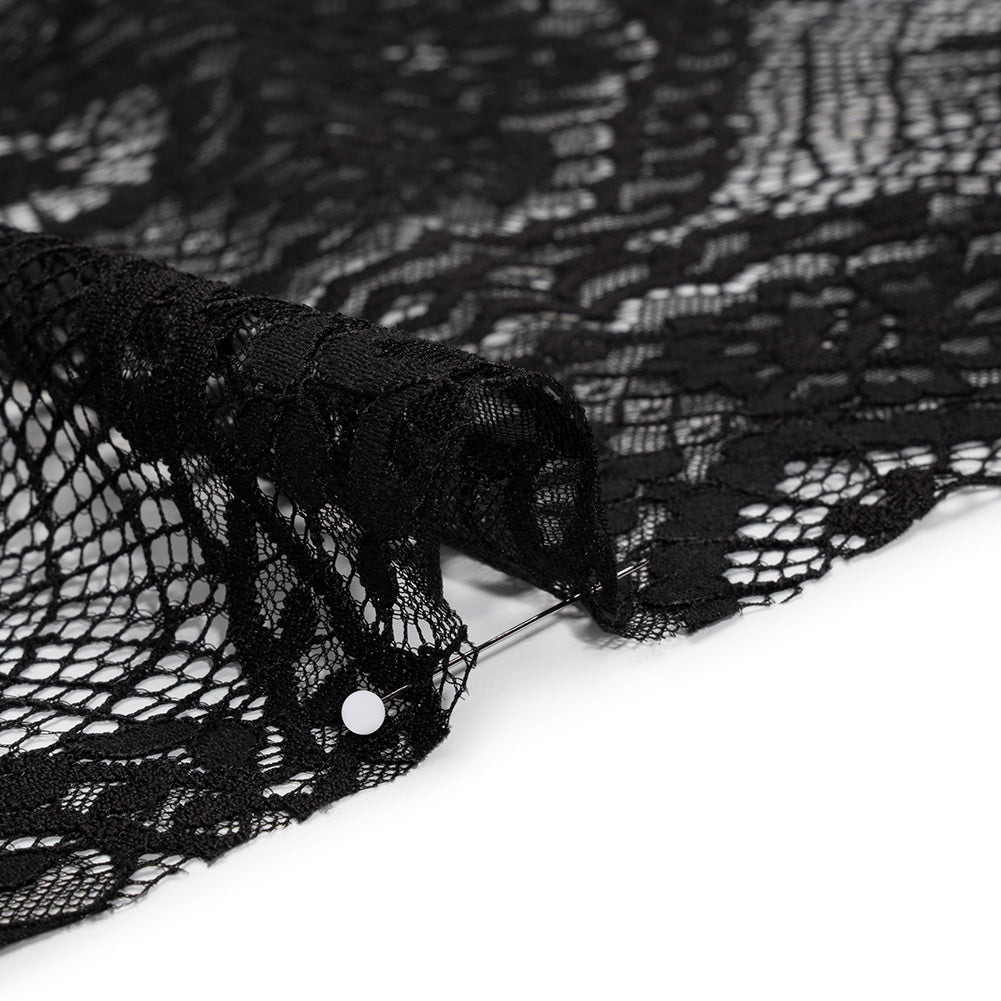Raschel Lace with Finished Scalloped Edges - Black Sunflowers and Daisies