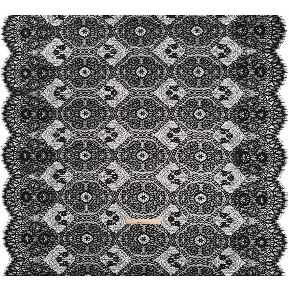 Raschel Lace with Finished Scalloped Edges - Black Sunflowers and Daisies