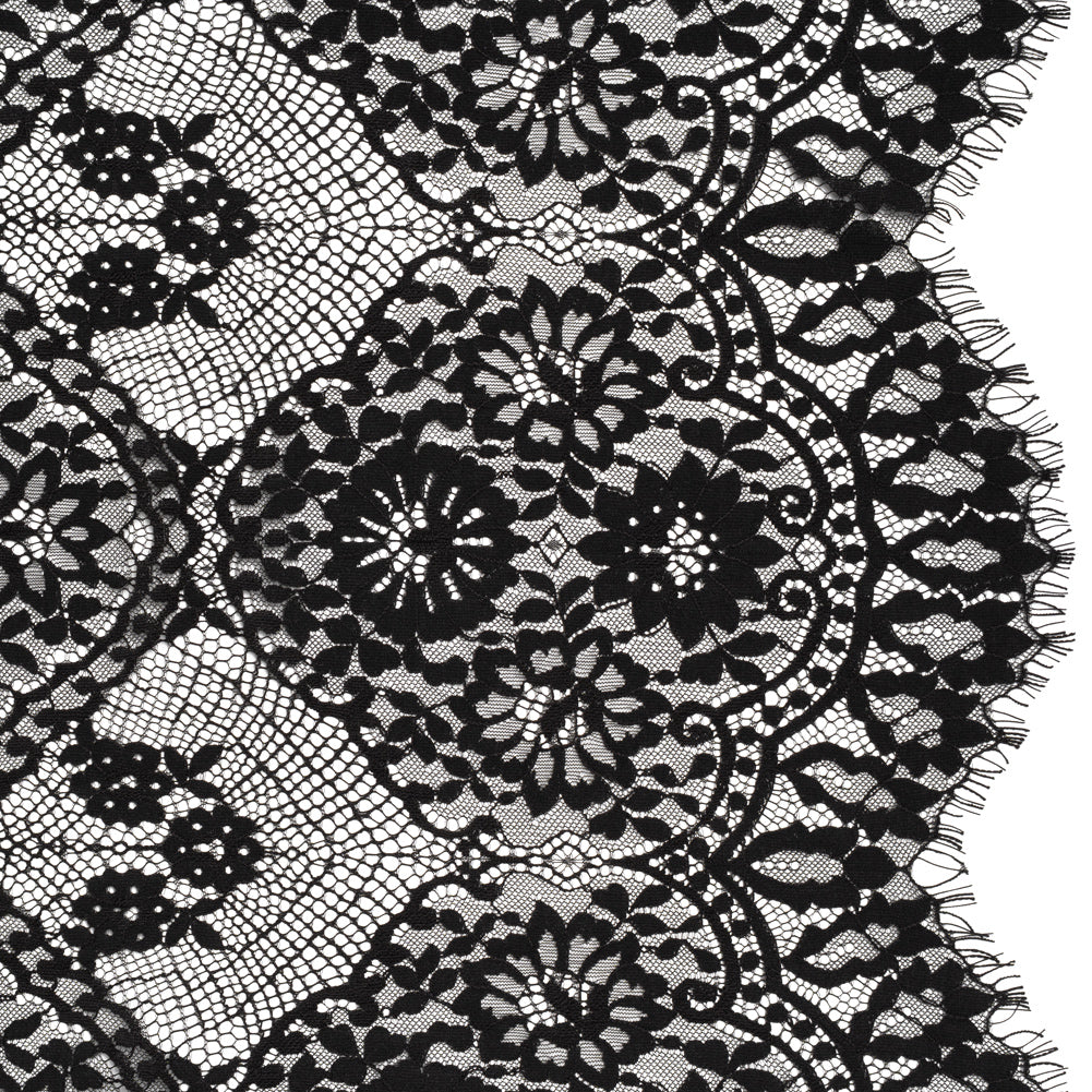 Raschel Lace with Finished Scalloped Edges - Black Sunflowers and Daisies