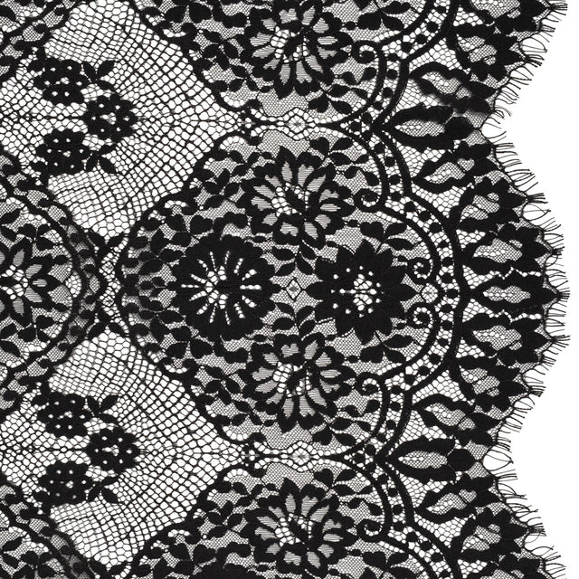 Raschel Lace with Finished Scalloped Edges - Black Sunflowers and Daisies