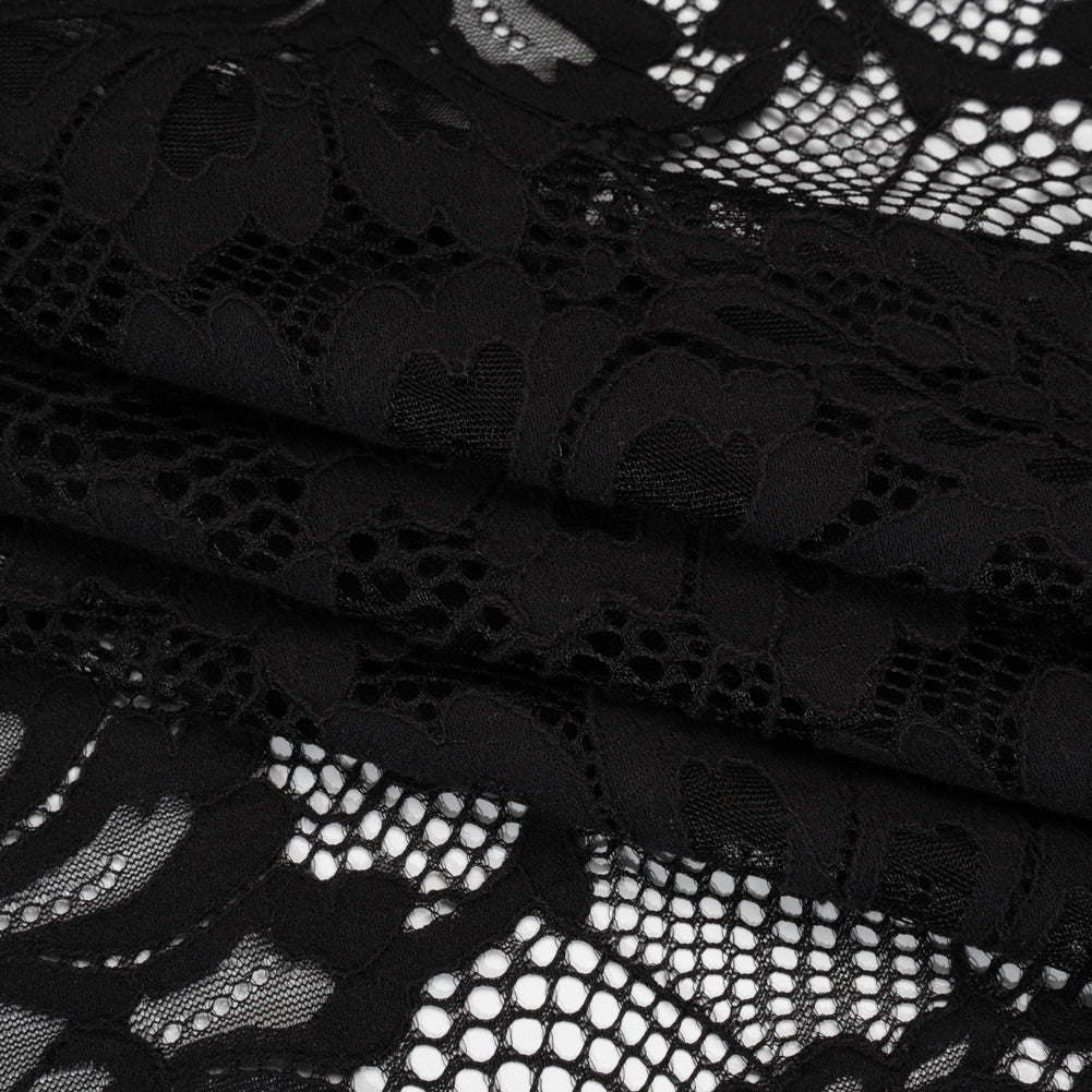 Corded Lace with Finished Scalloped Edges - Black Bold Florals - Folded