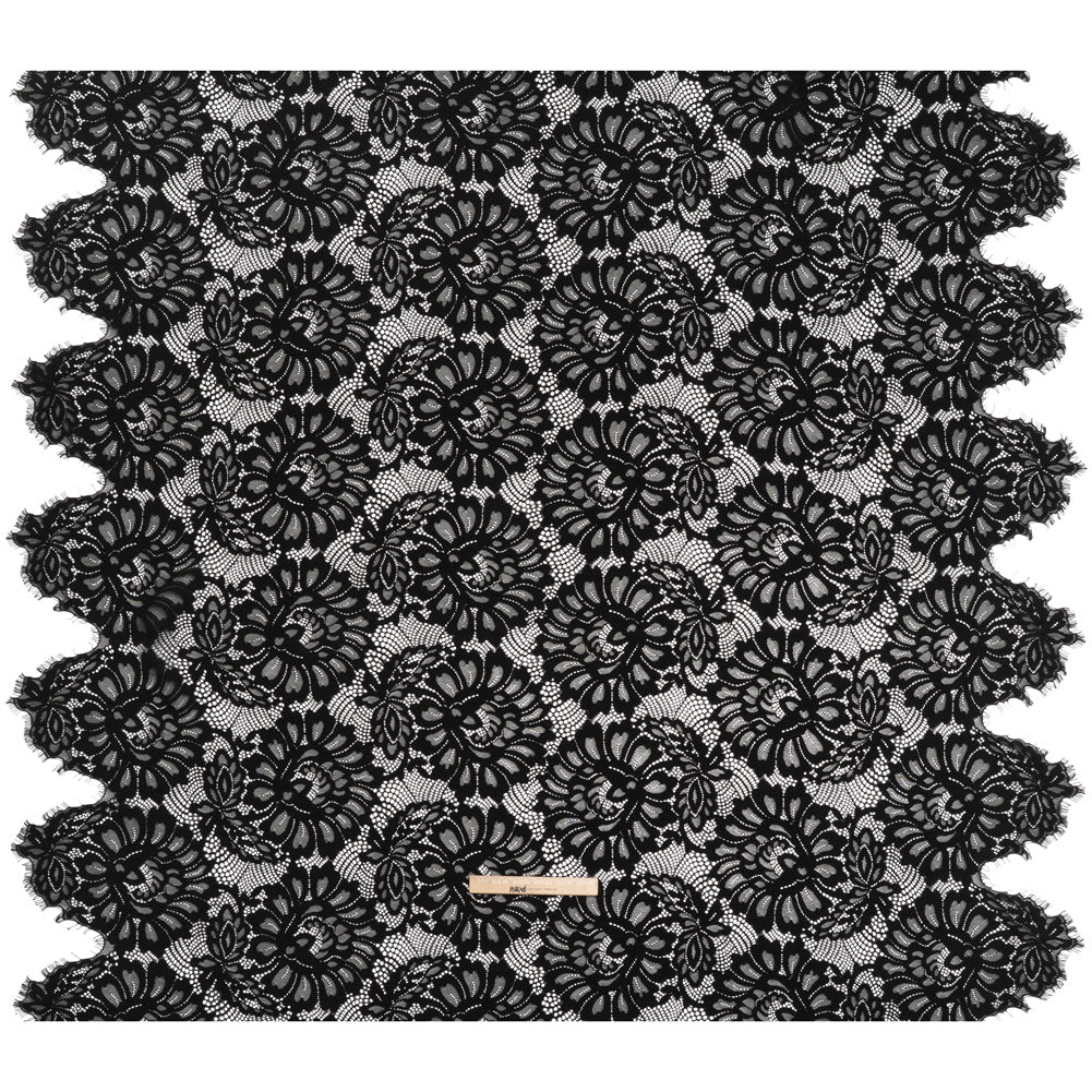 Corded Lace with Finished Scalloped Edges - Black Bold Florals - Full