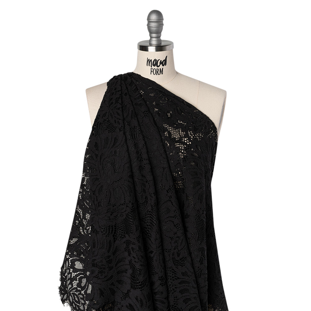 Corded Lace with Finished Scalloped Edges - Black Bold Florals - Drape