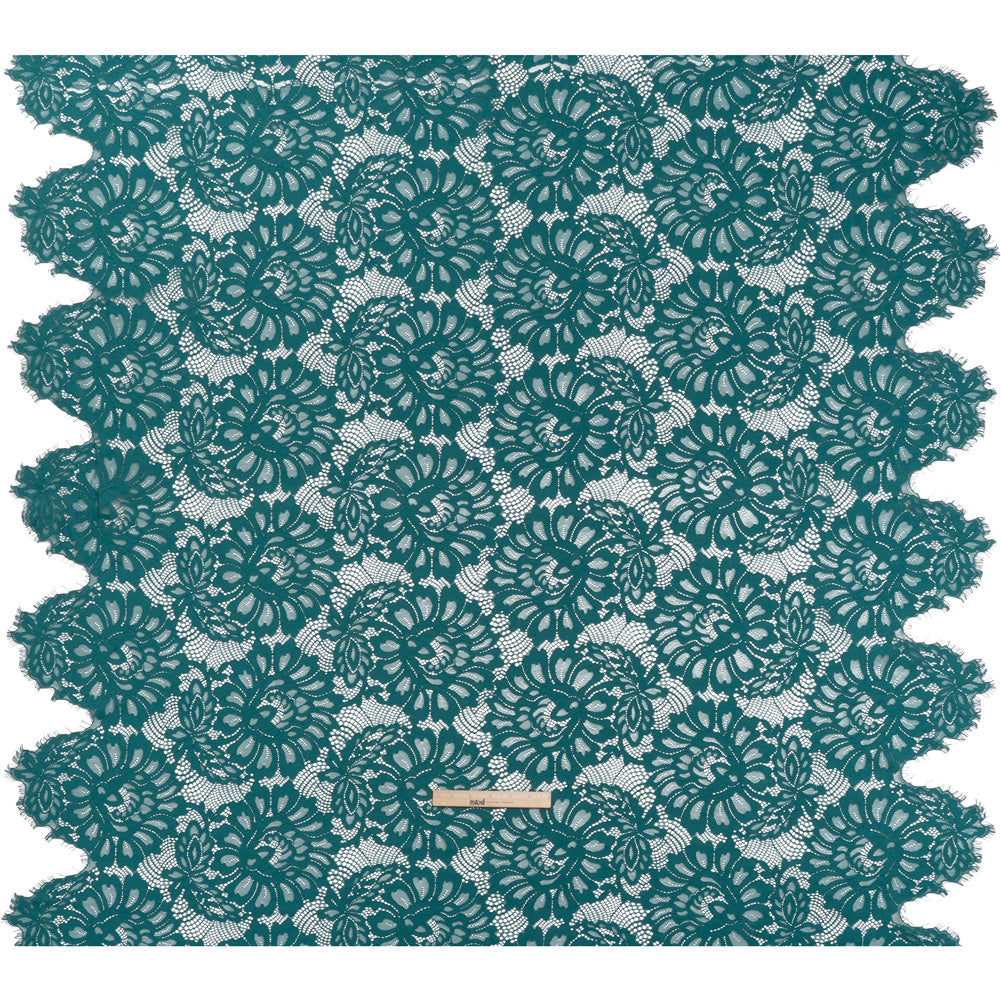 Corded Lace with Finished Scalloped Edges - Teal Bold Florals