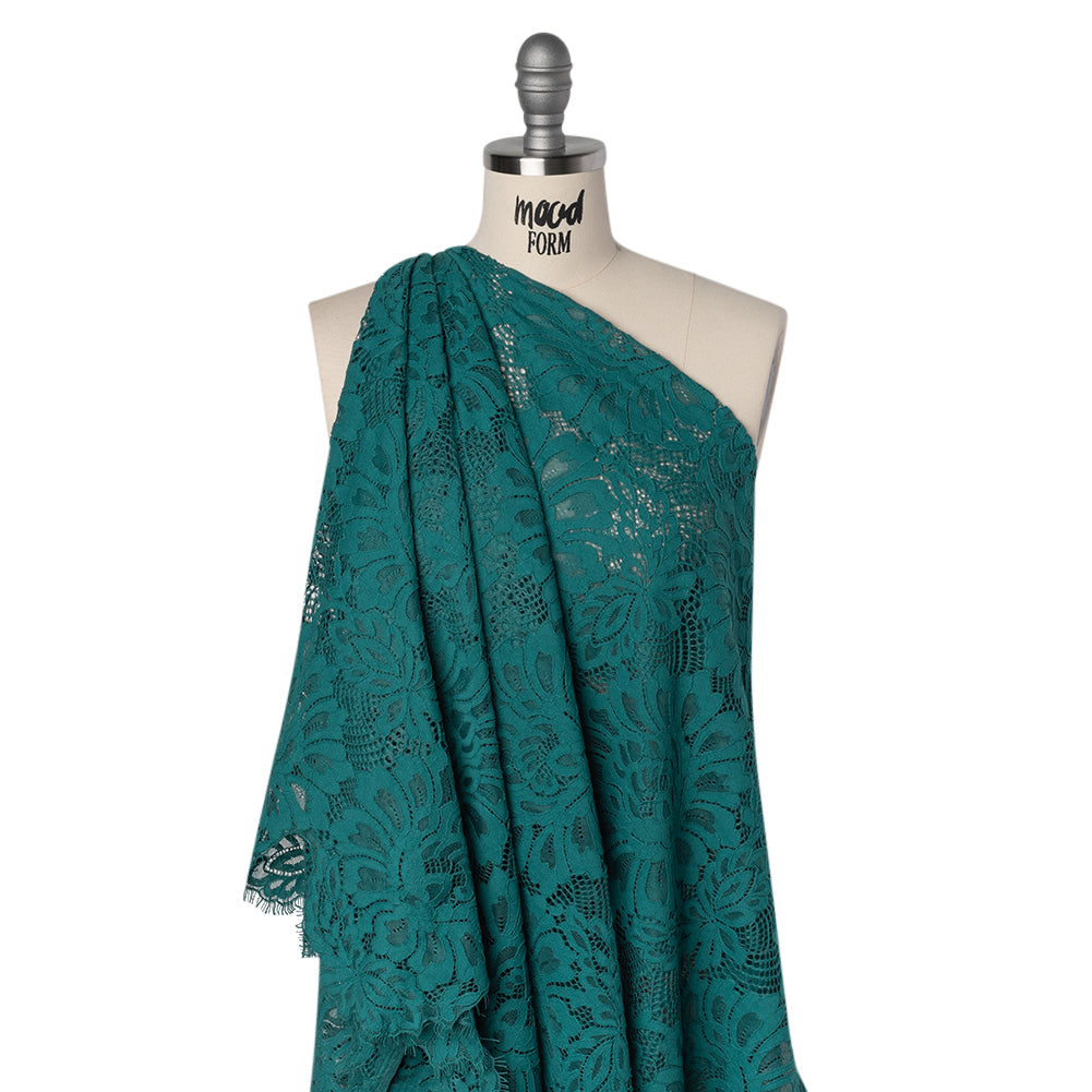 Corded Lace with Finished Scalloped Edges - Teal Bold Florals