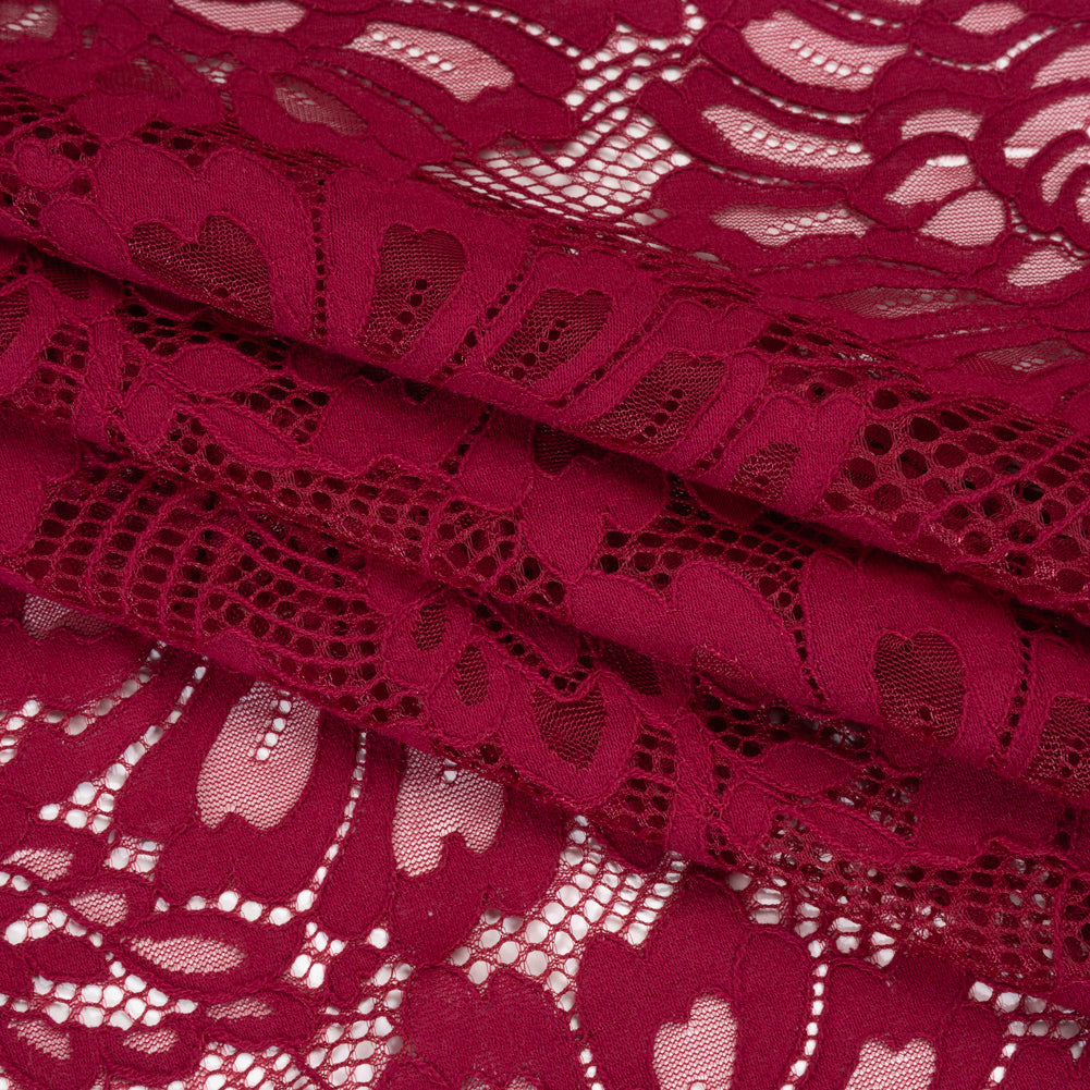 Corded Lace with Finished Scalloped Edges - Burgundy Bold Florals Folded