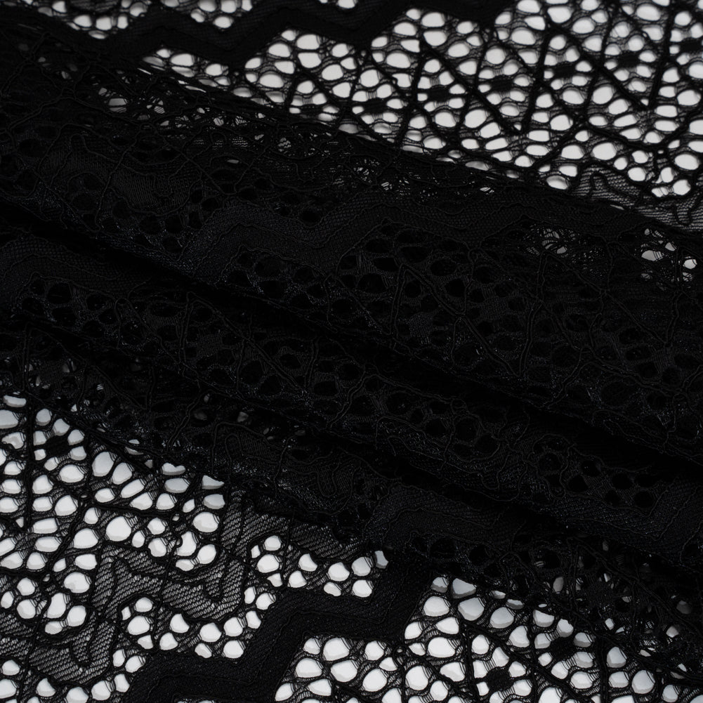 Corded Lace with Eyelash Fringe Edges - Black Zig Zag Stripes - Folded
