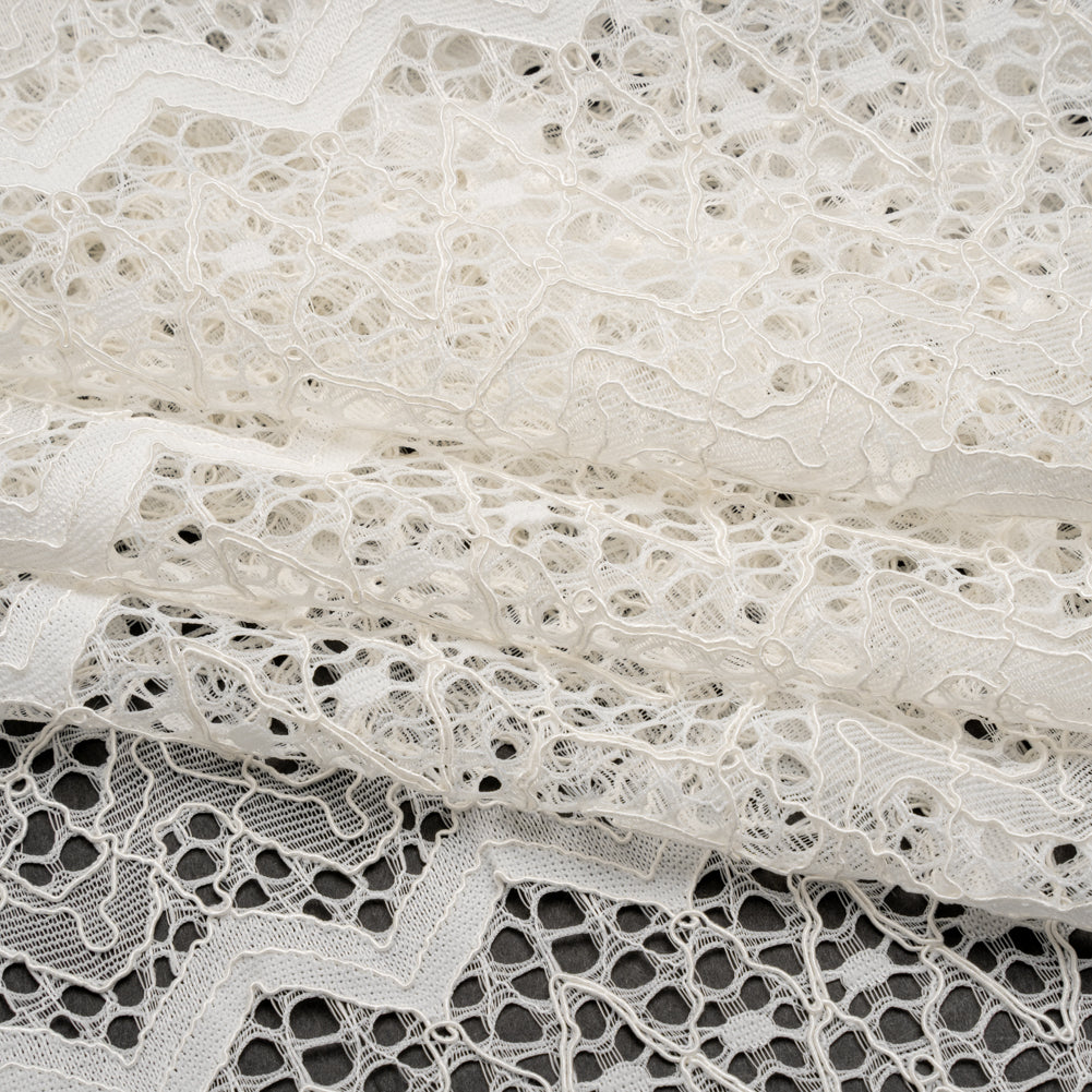 Corded Lace with Eyelash Fringe Edges - Ivory Zig Zag Stripes - Folded