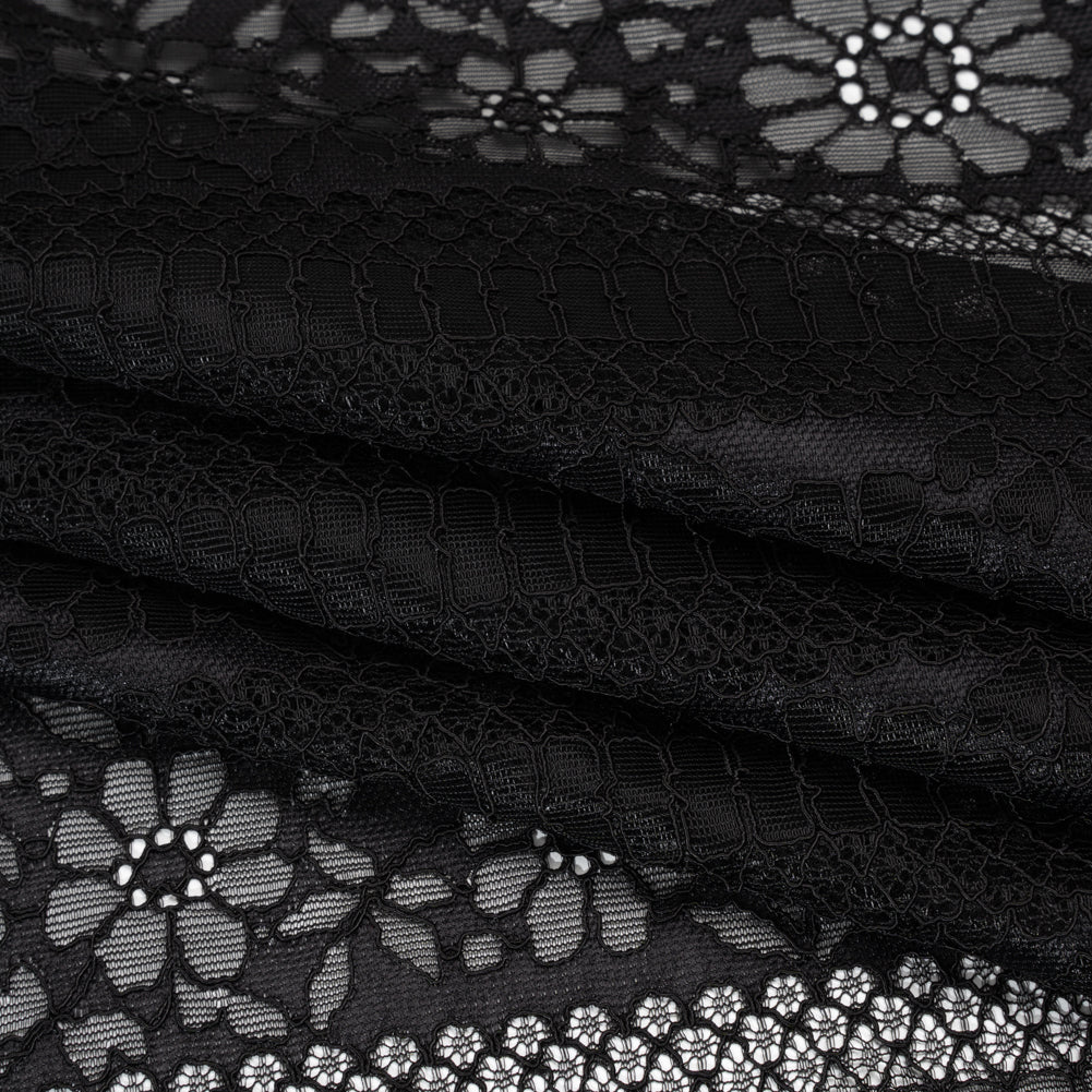 Corded Lace with Eyelash Fringe Edges - Black Floral and Geometric Stripes