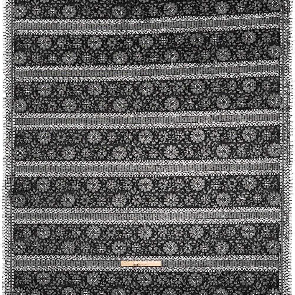 Corded Lace with Eyelash Fringe Edges - Black Floral and Geometric Stripes