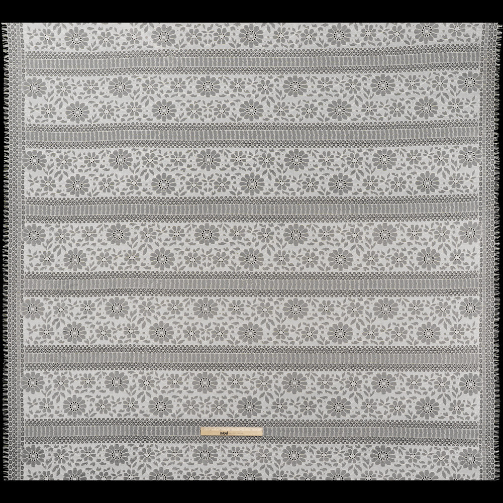 Corded Lace with Eyelash Fringe Edges - Ivory Floral and Geometric Stripes Full