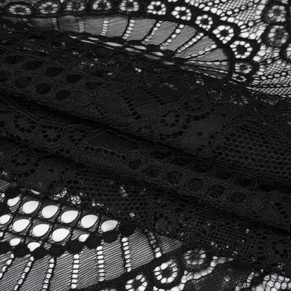 Corded Lace with Scalloped Fringe Edges - Black Geometric Lozenges