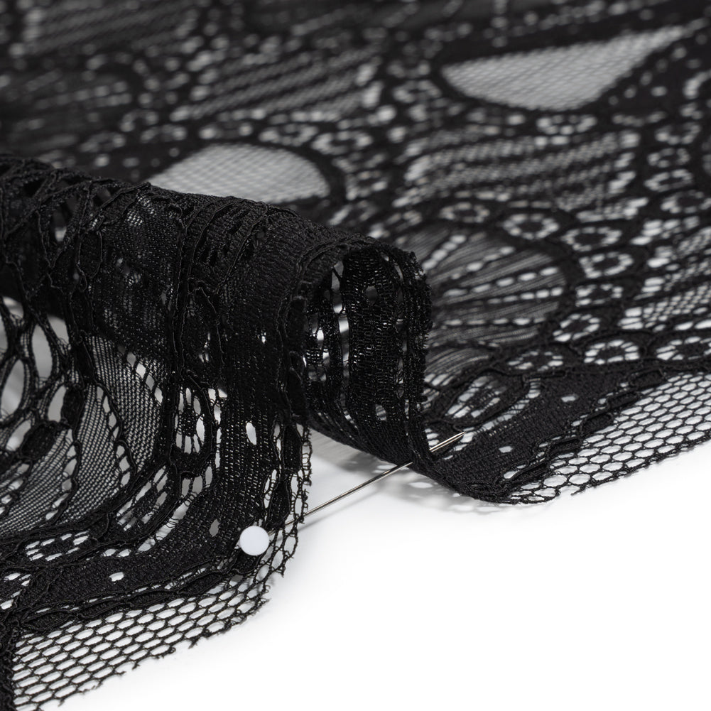 Corded Lace with Scalloped Fringe Edges - Black Geometric Lozenges