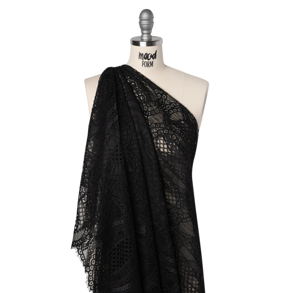 Corded Lace with Scalloped Fringe Edges - Black Geometric Lozenges