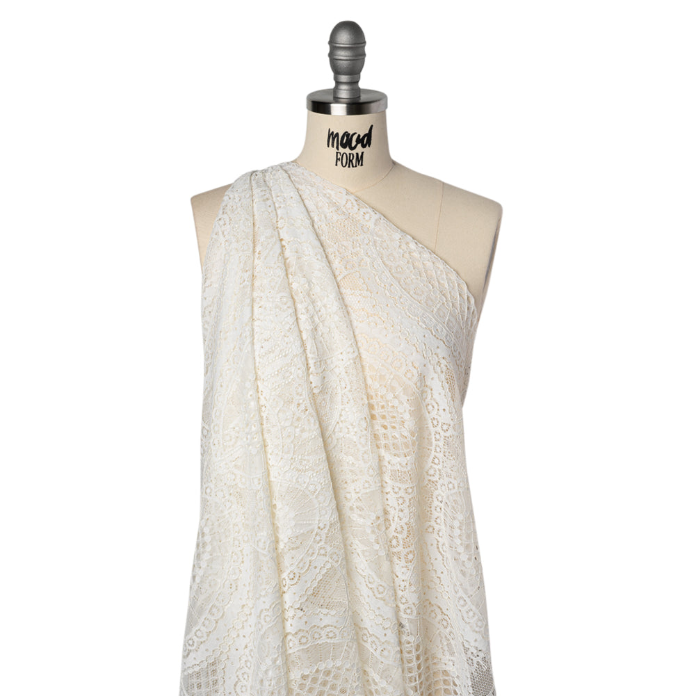 Corded Lace with Scalloped Fringe Edges - Ivory Geometric Lozenges - Drape
