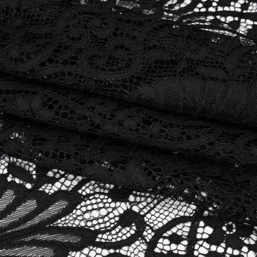 Corded Lace with Finished Edges - Black Fanciful Floral Ogees