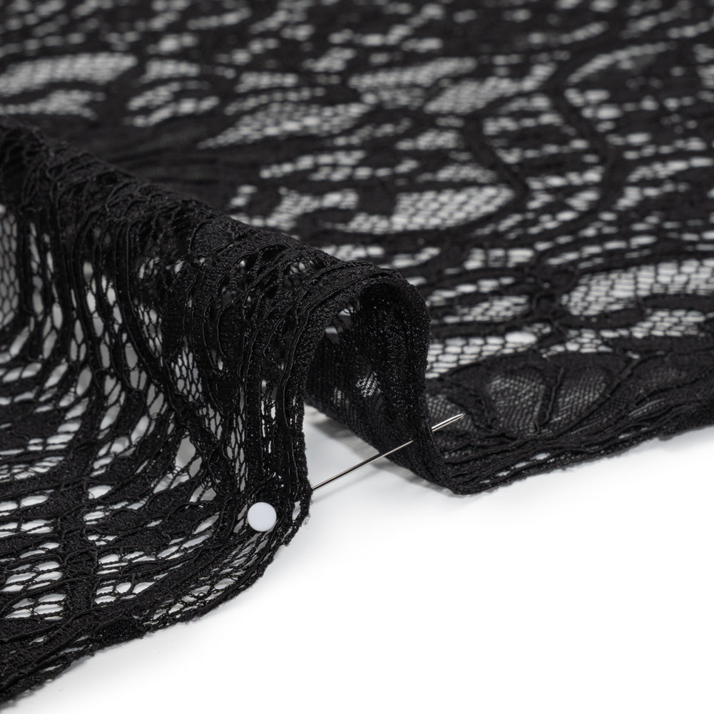 Corded Lace with Finished Edges - Black Fanciful Floral Ogees
