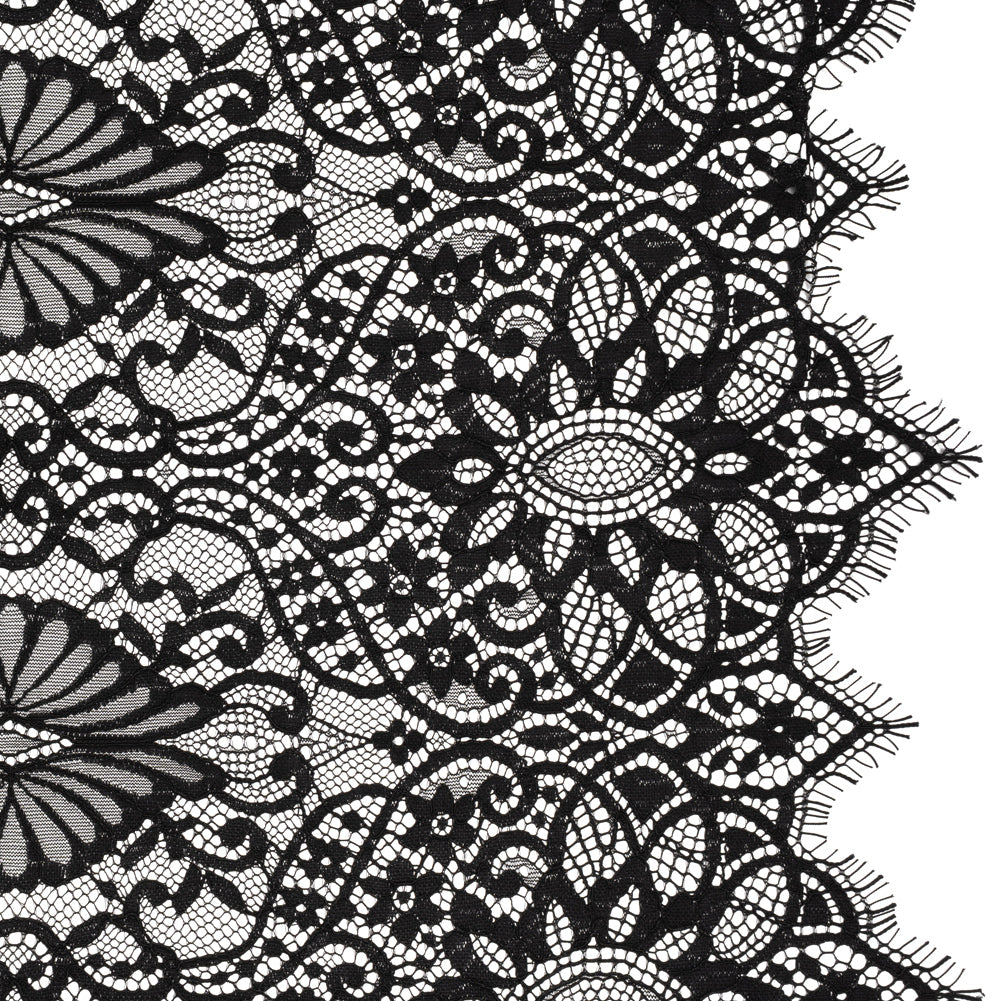 Corded Lace with Finished Edges - Black Fanciful Floral Ogees