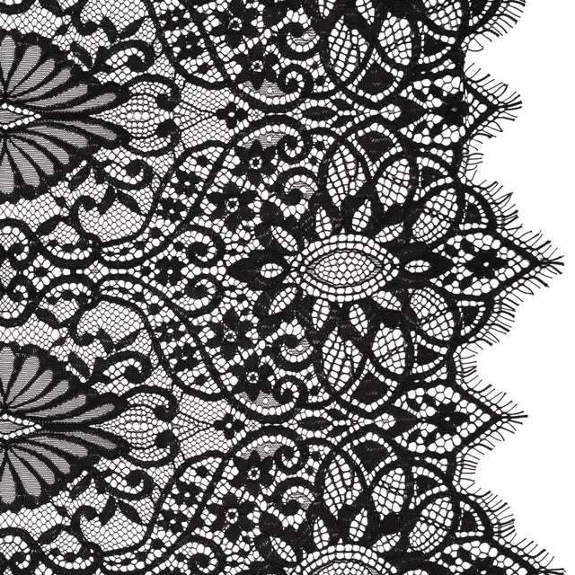 Corded Lace with Finished Edges - Black Fanciful Floral Ogees