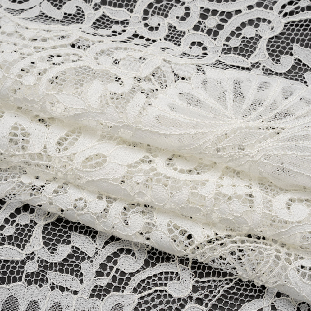 Corded Lace with Finished Edges - Ivory Fanciful Floral Ogees - Folded