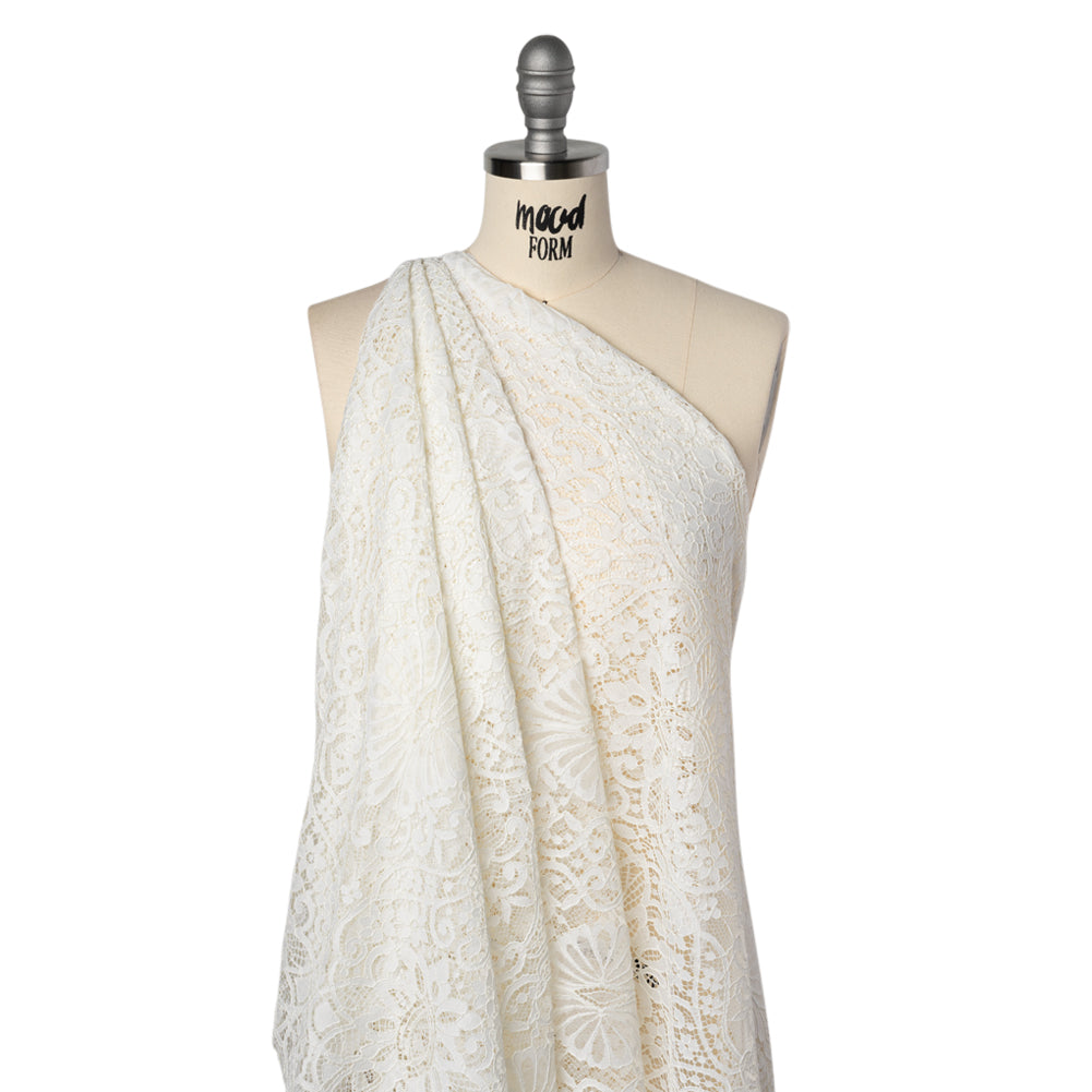 Corded Lace with Finished Edges - Ivory Fanciful Floral Ogees - Drape