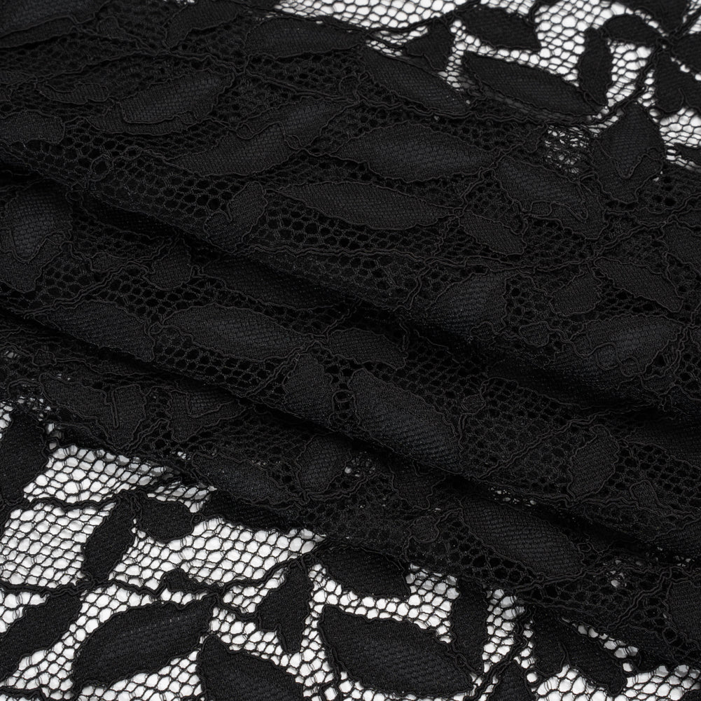 Corded Lace Panel with Finished Scalloped Edges - Black Leafy Stems Folded