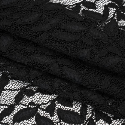 Corded Lace Panel with Finished Scalloped Edges - Black Leafy Stems Folded