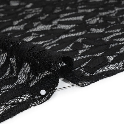 Corded Lace Panel with Finished Scalloped Edges - Black Leafy Stems Detail