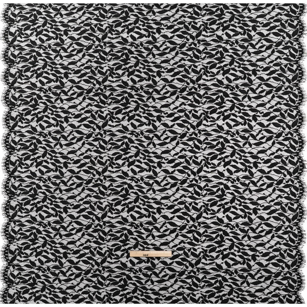 Corded Lace Panel with Finished Scalloped Edges - Black Leafy Stems Full