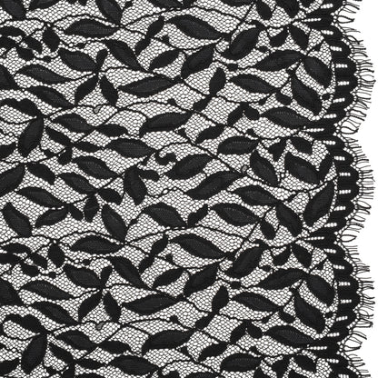 Corded Lace Panel with Finished Scalloped Edges - Black Leafy Stems
