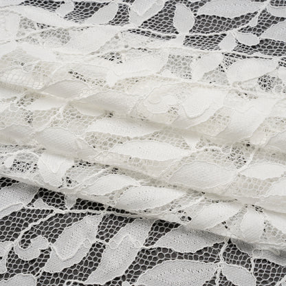 Corded Lace Panel with Finished Scalloped Edges - Ivory Leafy Stems