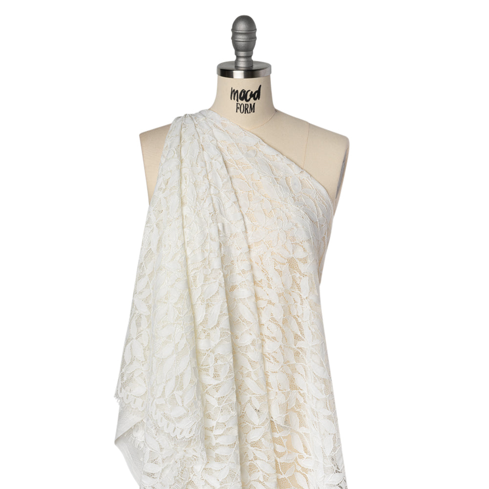Corded Lace Panel with Finished Scalloped Edges - Ivory Leafy Stems - Drape