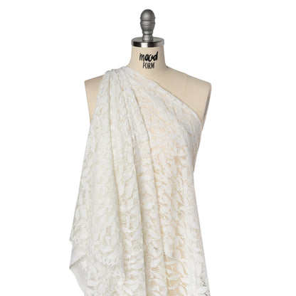 Corded Lace Panel with Finished Scalloped Edges - Ivory Leafy Stems