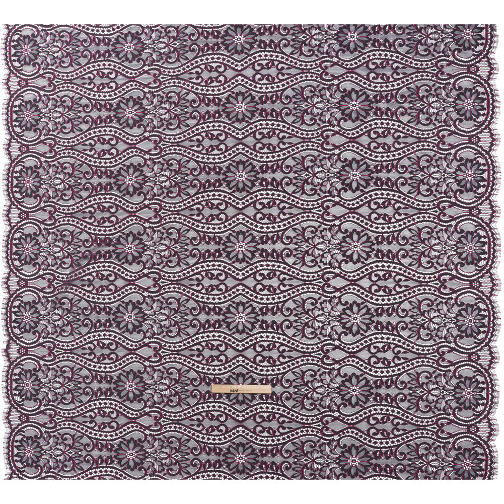 Corded Lace Panel with Finished Edges - Blue and Raspberry Rose Flowers, Dots and Wavy Lines - Full