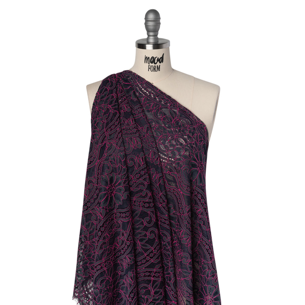 Corded Lace Panel with Finished Edges - Blue and Raspberry Rose Flowers, Dots and Wavy Lines - Drape