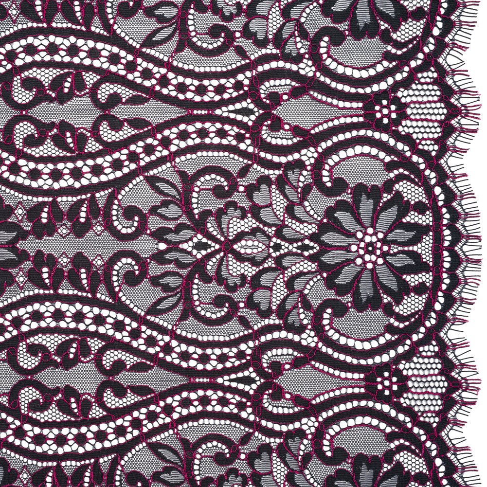 Corded Lace Panel with Finished Edges - Blue and Raspberry Rose Flowers, Dots and Wavy Lines