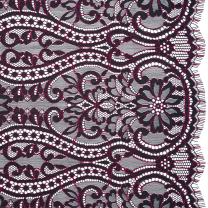 Corded Lace Panel with Finished Edges - Blue and Raspberry Rose Flowers, Dots and Wavy Lines