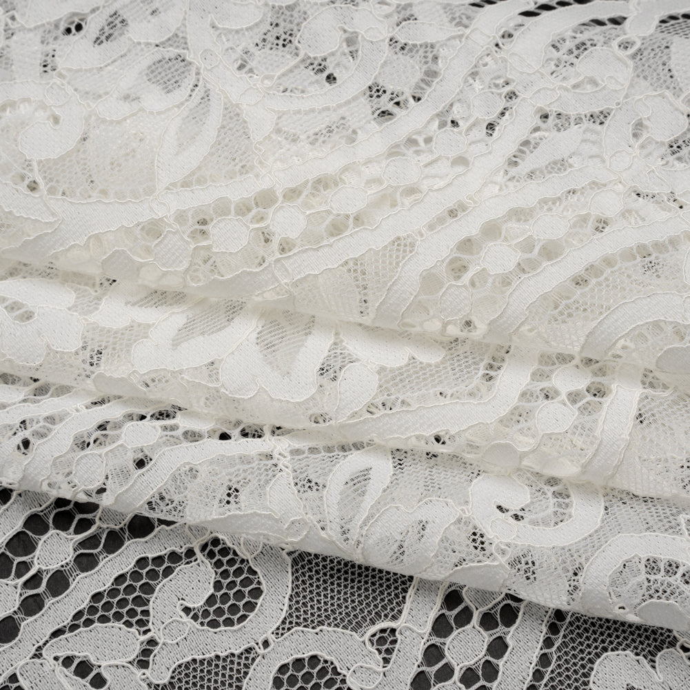 Corded Lace Panel with Finished Edges - Ivory Flowers, Dots and Wavy Lines