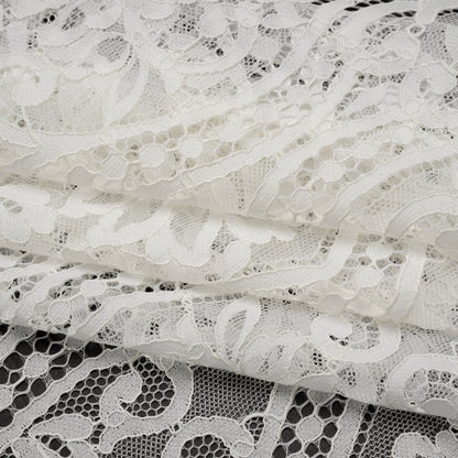 Corded Lace Panel with Finished Edges - Ivory Flowers, Dots and Wavy Lines