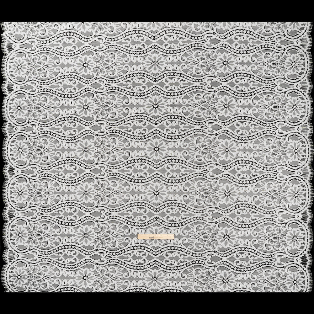 Corded Lace Panel with Finished Edges - Ivory Flowers, Dots and Wavy Lines