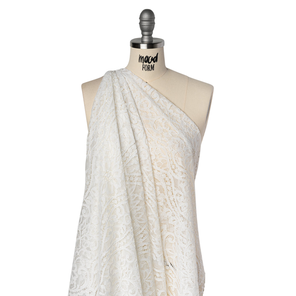 Corded Lace Panel with Finished Edges - Ivory Flowers, Dots and Wavy Lines