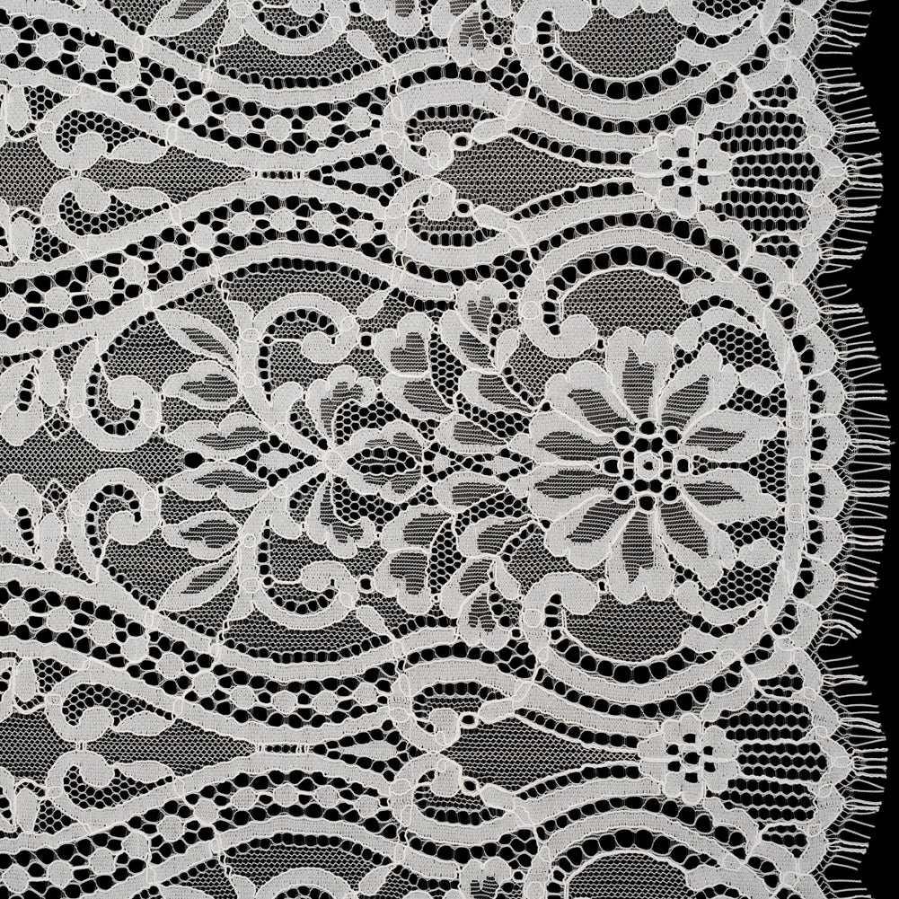 Corded Lace Panel with Finished Edges - Ivory Flowers, Dots and Wavy Lines