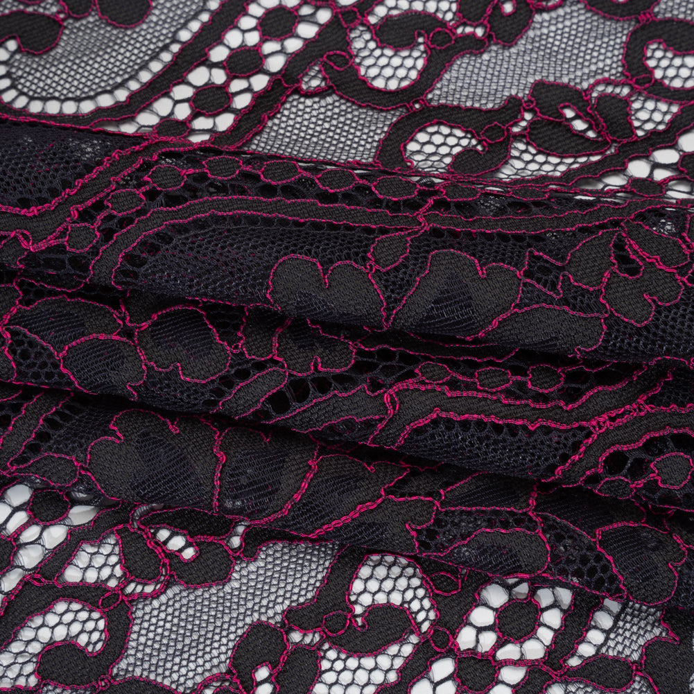Corded Lace Narrow Panel with Finished Edges - Blue and Raspberry Rose Flowers, Dots and Wavy Lines - Folded