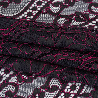 Corded Lace Narrow Panel with Finished Edges - Blue and Raspberry Rose Flowers, Dots and Wavy Lines