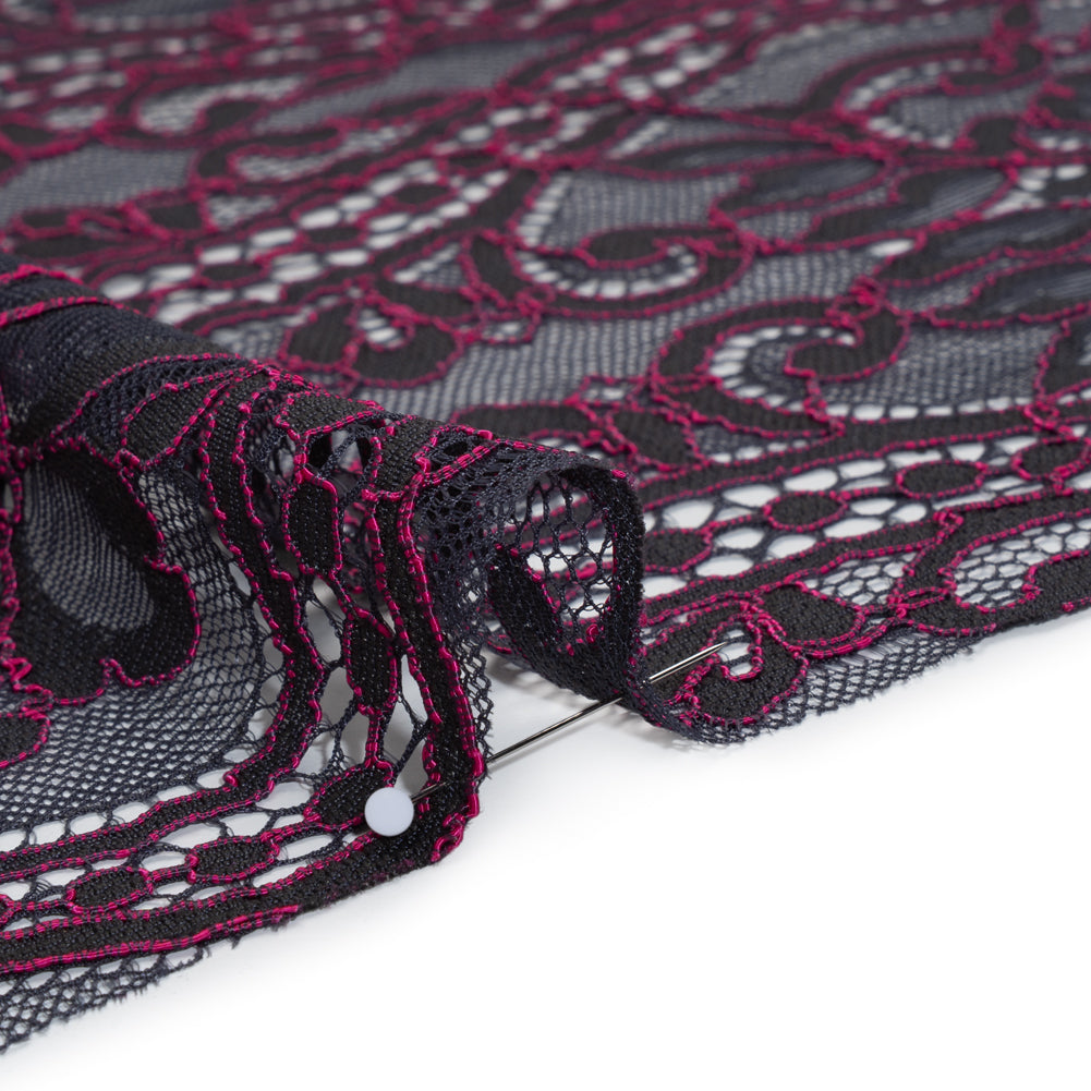 Corded Lace Narrow Panel with Finished Edges - Blue and Raspberry Rose Flowers, Dots and Wavy Lines - Detail