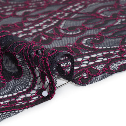 Corded Lace Narrow Panel with Finished Edges - Blue and Raspberry Rose Flowers, Dots and Wavy Lines