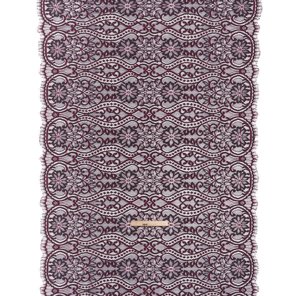 Corded Lace Narrow Panel with Finished Edges - Blue and Raspberry Rose Flowers, Dots and Wavy Lines - Full