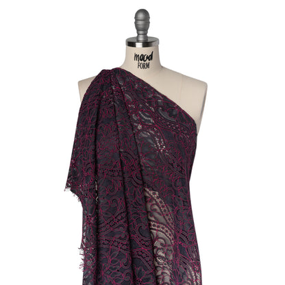 Corded Lace Narrow Panel with Finished Edges - Blue and Raspberry Rose Flowers, Dots and Wavy Lines